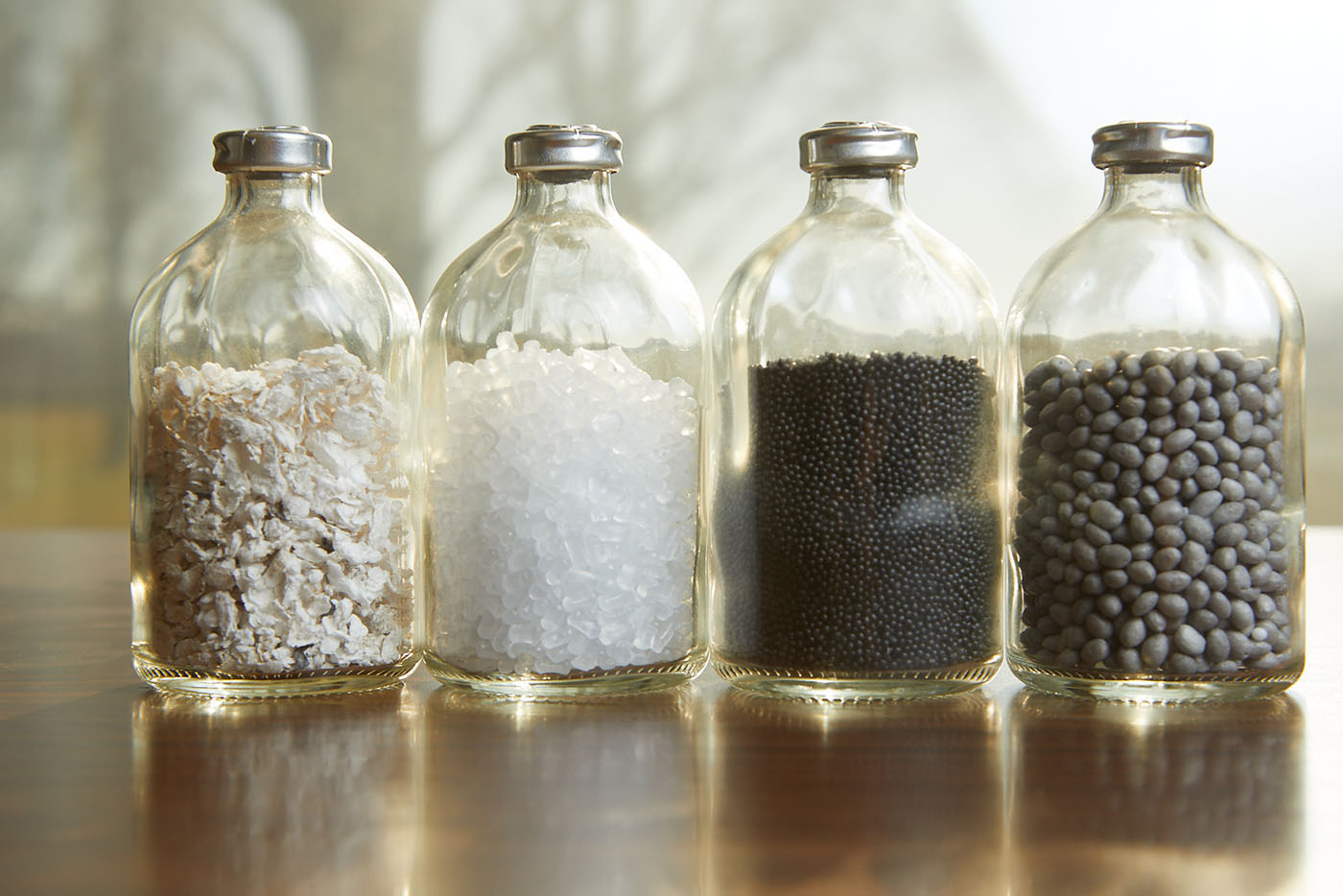 expanded polystyrene EPS - from left to right: MPS, RGPPS, Expandable Polystyrene, REPS
